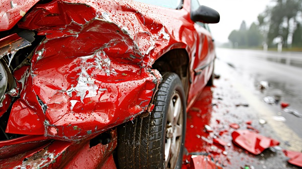 A close-up of a red car with severe damage to the front side, with debris scattered on the wet road after a crash.